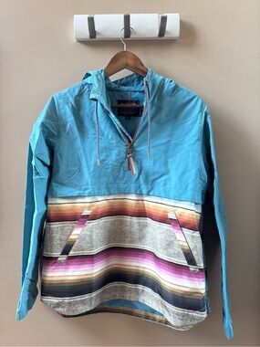 Burton Turquoise Pullover Ski Jacket with Multicolor Striped Pocket Panel
